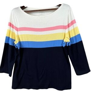 Talbots Womens XL Navy Multi Stripe Long Sleeve Cotton Tee Classic Casual Top